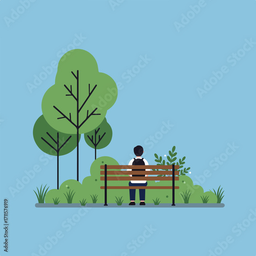 Illustrated person sitting alone on a park bench in nature