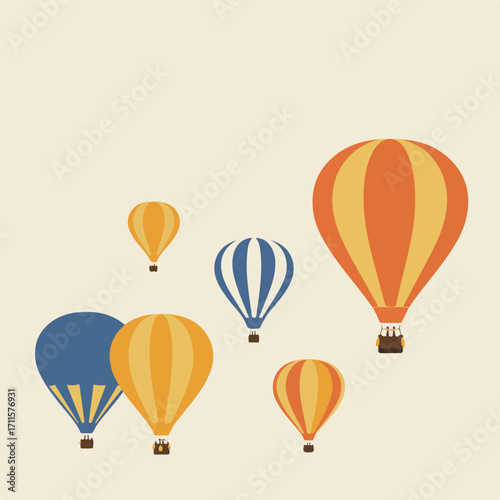 Cartoon illustration of air balloons floating against a plain light beige background