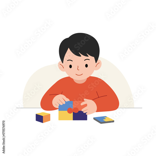 Cartoon illustration of a boy in an orange shirt assembling a colorful jigsaw puzzle