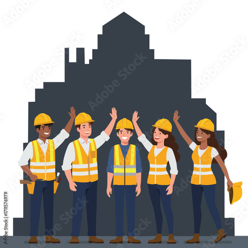 A diverse group of smiling construction workers, equipped with safety gear, celebrates their successful project completion with high-fives.
