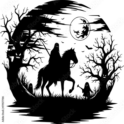 Shadowy Ride Through the Spooky Night: A silhouetted specter on horseback traversing a mystical nighttime scene, complete with ghoulish apparitions and a looming full moon.