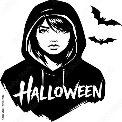 Enigmatic Halloween Portrait: A captivating girl in a hooded sweatshirt, her gaze intense, embodies the spirit of Halloween, with a playful bat silhouette adding a touch of eerie allure.