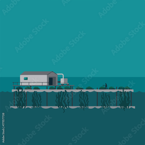 Seaside cottage with person on pier above algae, in calm teal water and a deep blue abyss
