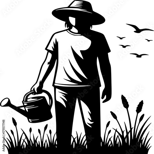 Gardener at Work: An illustration portrays a gardener at work, watering plants with a classic watering can. With the sun's warmth, the gardener stands in a vibrant garden, surrounded by lively nature.