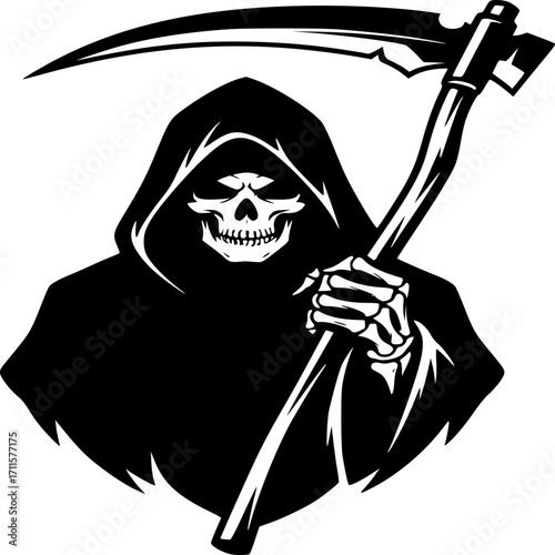 Grim Reaper Silhouette: A stark and formidable image of the Grim Reaper, clad in a hooded cloak, bearing a skeletal face, and wielding a scythe.