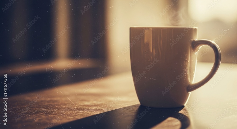 Obraz premium Cozy morning scene with a steaming hot coffee mug on a rustic wooden table, bathed in warm, soft light with vintage film grain effect.