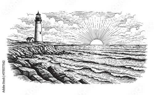  lighthouse, coastline, rocks, ocean, sunset scene illustration vector style 