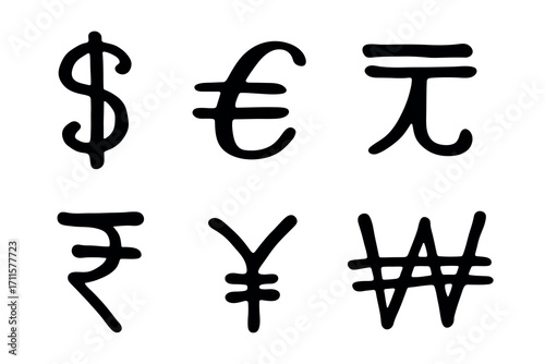 Hand drawn multiple currencies symbol set Dollar euro yuan yen won rupee