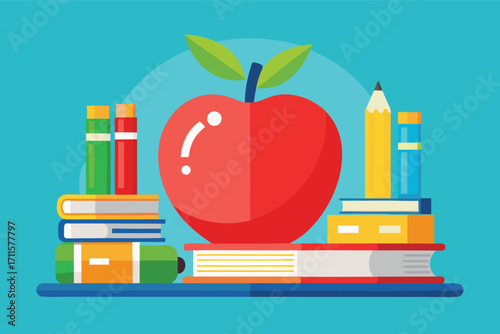 Bright red apple surrounded by colorful books and stationery on a blue background