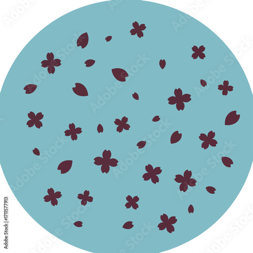 Graphic illustration of cherry blossoms and petals scattered on a circular field in teal