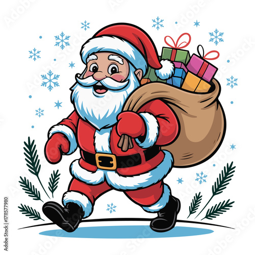 Cartoon Santa Claus Carrying a Sack Full of Christmas Gifts Vector Illustration