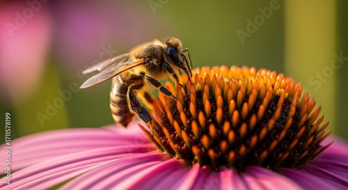 Close-up of a fuzzy bee pollinating a vibrant purple coneflower, collecting nectar and pollen in golden light. Essential for nature's balance.