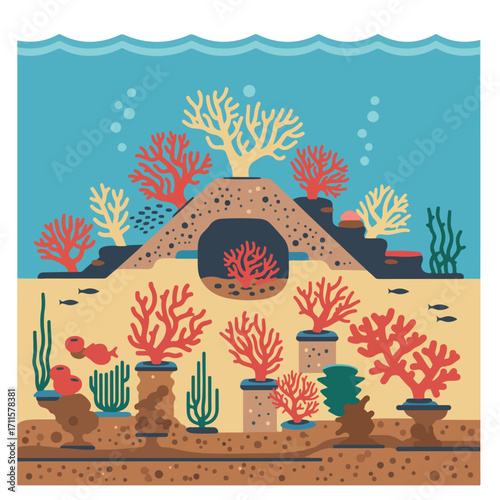 Stylized coral reef illustration featuring diverse coral and fish in a vibrant seascape