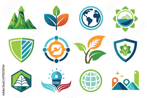 Creative eco-friendly icons representing nature, sustainability, and environmental awareness in modern design