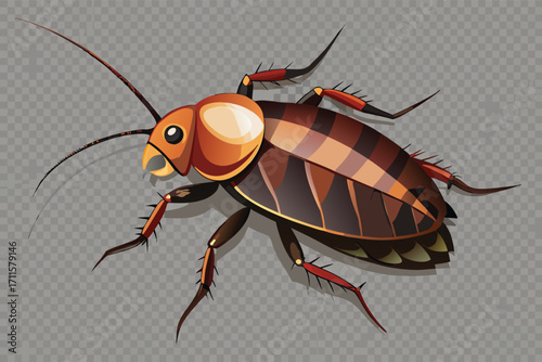 Realistic illustration of a cockroach on a transparent background with fine details of its body structure and colors