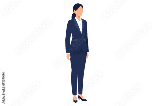 A flat 2D vector illustration portrait of a professional faceless female manager wearing a stylish office outfit on a clean white background.