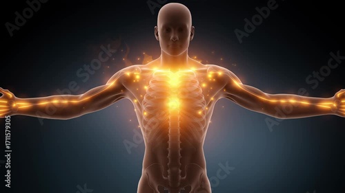 A glowing human silhouette with fiery energy inside the torso, symbolizing body metabolism and energy burning.