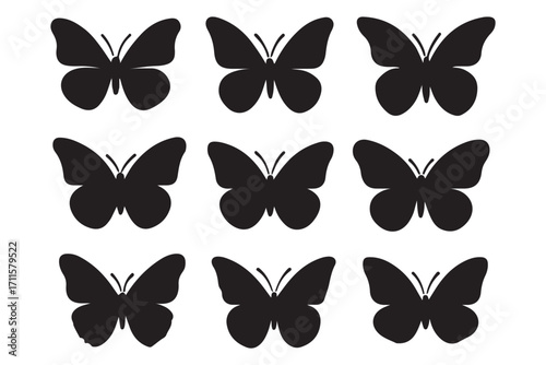 Set of black butterflies isolated on white background, collection of silhouettes. Butterfly black color, flying shape, vector design. flying butterfly silhouette logo
