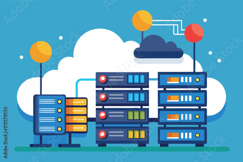 Data storage and cloud computing setup with modern servers and network connections