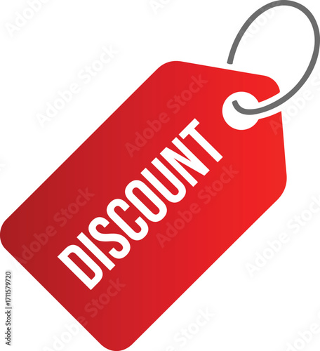 Red discount tag with white text and grey loop on a white background sale label