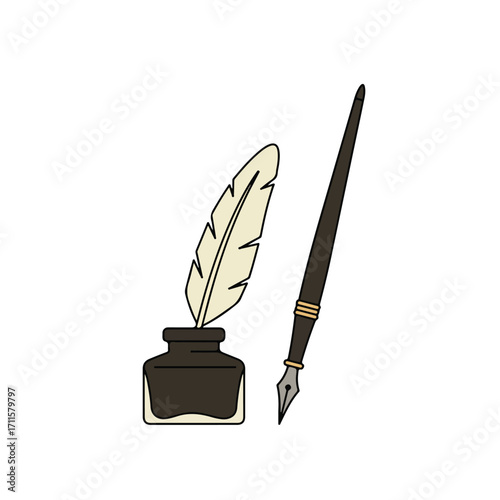 Stylized image of quill pen, inkwell, and feather in black, white, beige, and gold