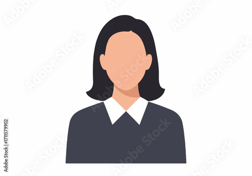 A professional 2D flat vector illustration portrait depicts a faceless female office worker wearing a stylish blouse, rendered with a clean, minimalist aesthetic on a bright white background.