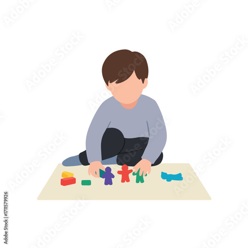 Child with brown hair playing with colorful toy blocks and figurines on a beige surface