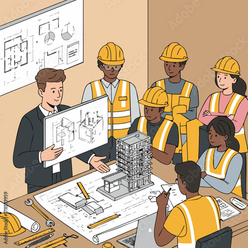 A diverse team of architects and construction workers collaborates on a building project, reviewing blueprints and a 3D model in a professional meeting setting.