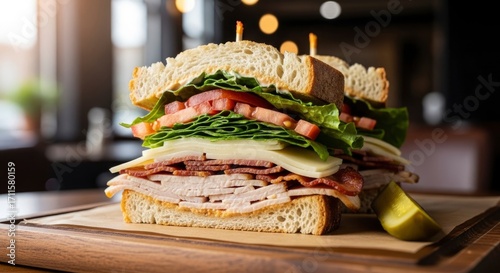 A perfectly layered, gourmet club sandwich featuring turkey, bacon, cheese, fresh lettuce, and tomato, presented on a wooden board.