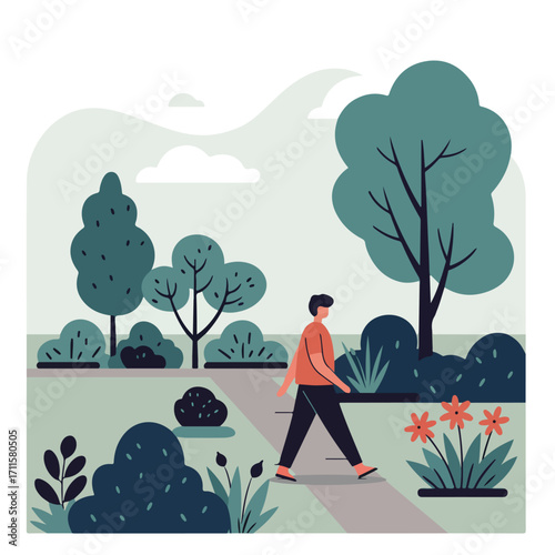 Man strolls on a pathway surrounded by lush greenery and trees in a stylized illustration