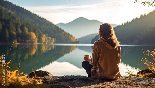 Woman meditating by lake at sunrise