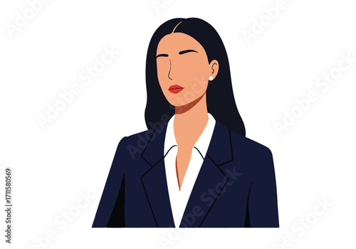 Elegant 2D flat vector illustration portrait of a faceless female professional exuding confidence and grace on a clean white background.