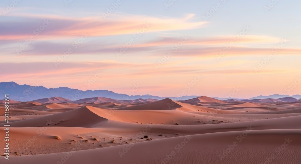 Naklejka premium Stunning desert landscape at sunrise/sunset with undulating sand dunes and distant mountains under a pastel sky. Serene and vast natural beauty.