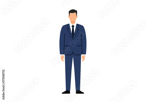 Confident faceless male manager portrait in a modern flat 2D vector illustration style, standing with a powerful stance on a clean white background.