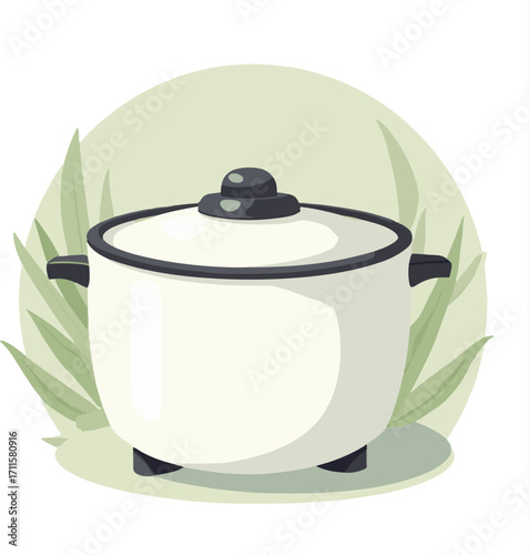 Minimalist Vector Illustration of Cooking Pot with Leaves in Organic Style in Soft Green and White Colors