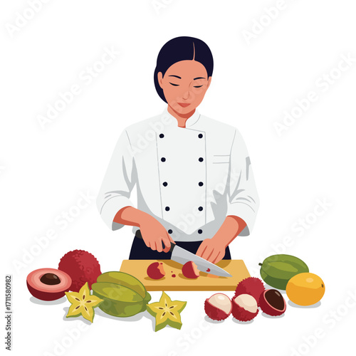 A chef cutting tropical fruits on a wooden board with a silver knife in a white coat