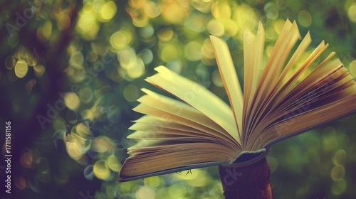 Open Book with Fanned Pages in Nature Scene Bright Bokeh Background