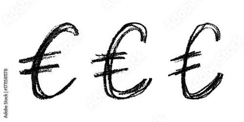 Set of hand drawn euro currency symbol. Brush stroke doodle. Single element for design