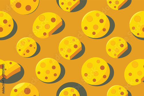 Bright yellow cheese pattern on a vibrant orange background showing different cheese shapes and textures