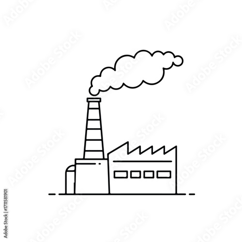 Line art Industrial factory building with chimney spewing smoke into the air