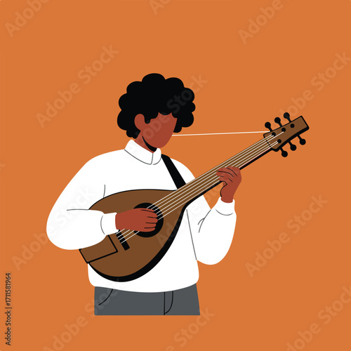 Person plays a stringed musical instrument on a terracotta-colored background, digital art style