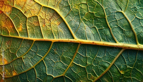 Close up macro view of a vibrant green leaf with intricate vein patterns and hints of yellow and orange.