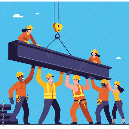 A diverse team of construction workers, men and women, collaboratively lifts a heavy steel beam on an outdoor job site, symbolizing teamwork and industry.