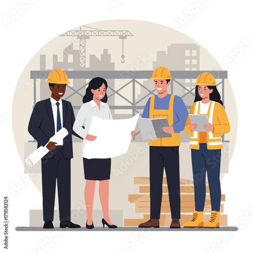 A diverse team of architects, engineers, and construction professionals collaborates on a building project, reviewing blueprints and plans at an active job site.