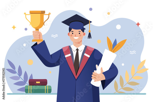 Graduation celebration with a student holding a trophy and diploma in a colorful setting