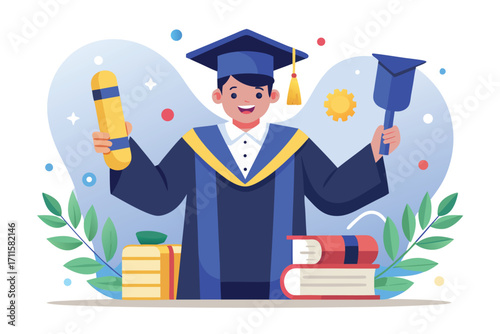 Graduate celebrating with diploma and props in academic attire at a cheerful event