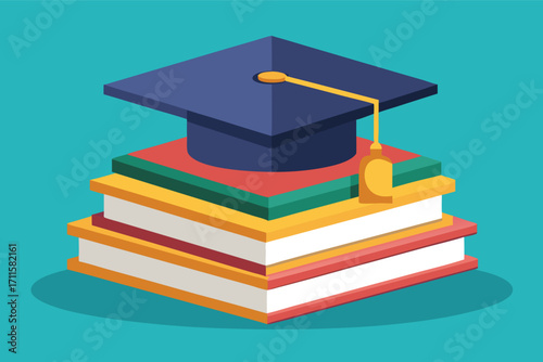 Graduation cap on stacked books symbolizing academic achievement and education journey
