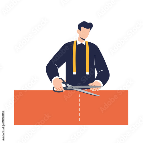 Man in suspenders cutting orange fabric with scissors marked with a dashed line for guide