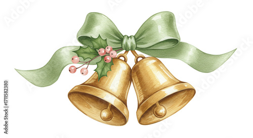 Golden bells decorated with green ribbon and holly leaves for Christmas  