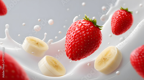 Strawberry and Banana Splash: A vibrant and dynamic photo showcasing the beauty of a burst of fresh milk as it collides with slices of banana and whole, luscious strawberries.